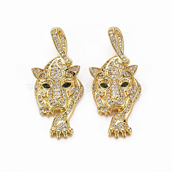 Brass Micro Pave Clear Cubic Zirconia Pendants, Nickel Free, Leopard, Real 18K Gold Plated, 38x17x4.5mm, Hole: 2.5x5mm(ZIRC-N039-193-NF)