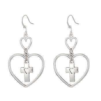 Heart Alloy Dangle Earrings, Brass Earring for Women, Cross, 58x29.5mm