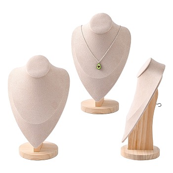 Necklace Bust Display Stand, with Wooden Base, Microfibre, 19x30.9cm
