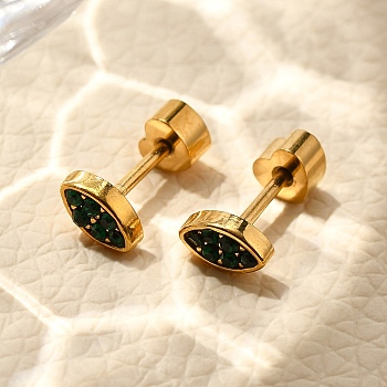 Ion Plating(IP) 304 Stainless Steel Stud Earrings, with Rhinestone, Real 14K Gold Plated, Horse Eye, Fern Green, 3.5x5.5mm