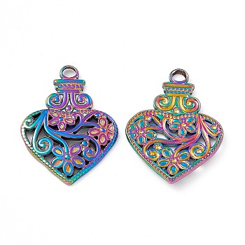 Ion Plating(IP) 304 Stainless Steel Pendants, Heart Bottle with Flower Charm, Rainbow Color, 28x20.5x2.5mm, Hole: 3mm