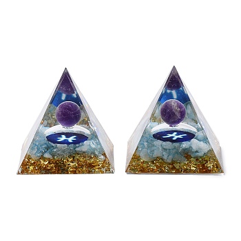Resin Orgonite Pyramid Home Display Decorations, with Natural Amethyst/Natural Gemstone Chips, Constellation, Pisces, 50x50x50mm