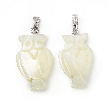 Natural Trochid Shell/Trochus Shell Pendants, Owl Charms, with Platinum Tone Iron Findings, Seashell Color, Fit for 1.8mm Rhinestone, 26.5x15x4.5mm, Hole: 6x2mm