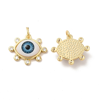 Brass Micro Pave Clear Cubic Zirconia Pendants, with Resin, Real 18K Gold Plated, Evil Eye Charms, Sky Blue, 17.5x20.5x6mm, Jump Ring: 6x1mm, Inner Diameter: 4mm