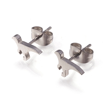 304 Stainless Steel Stud Earrings, with Ear Nuts, Dinosaur, Stainless Steel Color, 9.5x6x2mm, Pin: 0.8mm, 12pairs/card