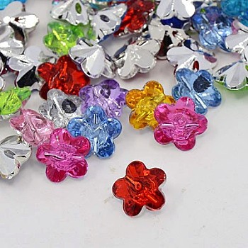 Acrylic Rhinestone Buttons, 1-Hole, Faceted, Flower, Mixed Color, 12x12x6mm, Hole: 1mm