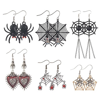 6 Pairs 6 Styles Halloween Spider Web & Heart with Evil Eye Alloy Enamel Dangle Earrings for Women, Mixed Color, 44~115mm, Pin: 0.8mm, 1 Pair/style