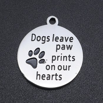 201 Stainless Steel Etched Pendants, Quote Charms, Flat Round, Paw Print, Stainless Steel Color, 22x19x1.5mm, Hole: 1.8mm