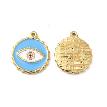 Vacuum Plating 201 Stainless Steel Enamel Pendants, Real 18K Gold Plated, Flat Round with Evil Eye Charm, Light Blue, 23.5x20x2.5mm, Hole: 1.2mm