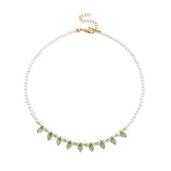 Acrylic Leaf Charm Necklace with Imitation Pearl Beaded for Women, Green, 15.75 inch(40cm)