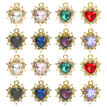 40Pcs 8 Colors Alloy Rhinestone Pendants, with Plastic Imitation Pearl Beads, Heart, Light Gold, Mixed Color, 17x15x5mm, Hole: 1.4mm, 5Pcs/color