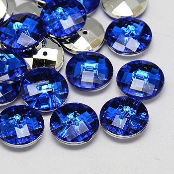 Taiwan Acrylic Rhinestone Buttons, Faceted, 2-Hole, Disc, Blue, 13x4.5mm, Hole: 1mm
