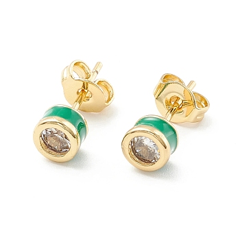 Column Cubic Zirconia Stud Earrings with Enamel, Real 18K Gold Plated Brass Earrings for Women, Cadmium Free & Nickel Free & Lead Free, Sea Green, 14.5x5mm, Pin: 0.6mm