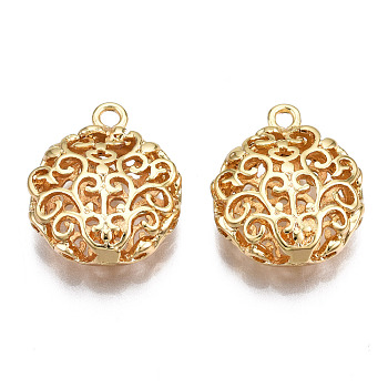 Brass Pendants, Hollow, Nickel Free, Flat Round, Real 18K Gold Plated, 18x14.5x5.5mm, Hole: 1.6mm