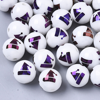 Christmas Opaque Glass Beads, Round with Electroplate Christmas Hat Pattern, Purple Plated, 10mm, Hole: 1.2mm