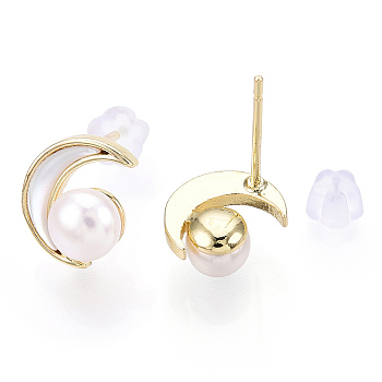 Crescent Moon Natural White Shell & Pearl Stud Earrings, Brass Earring with 925 Sterling Silver Pins, Real 18K Gold Plated, 10x9mm, Pin: 12x0.8mm