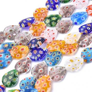 Handmade Millefiori Glass Beads Strands, teardrop, Mixed Color, 17x13x4mm, Hole: 1mm, about 21pcs/strand, 14.1 inch
