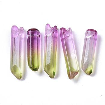 Two Tone Glass Beads, Top Drilled Beads, Bullet, Green Yellow, 25~40x7~8x6~7mm, Hole: 0.9mm