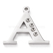304 Stainless Steel Letter Pendant Rhinestone Settings, Stainless Steel Color, Letter.A, A: 15x16.5x1.5mm, Hole: 1.2mm, Fit for 1.6mm rhinestone(STAS-J028-01A)