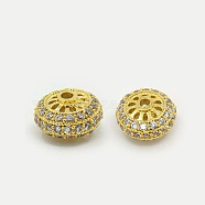 Brass Cubic Zirconia Beads, Rondelle, Hollow, Clear, Golden, 10x6mm, Hole: 1.5mm(ZIRC-F001-118G)