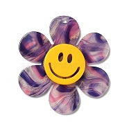 Two Tone Acrylic Big Pendants, Flower with Smiling Face, Purple, 55x50x4.5mm, Hole: 1.8mm(OACR-B008-D05)