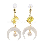 Natural Pearl & Shell Dangle Stud Earrings, with Brass Glass Findings and 925 Sterling Silver Pins, Moon, Real 14K Gold Plated, 30x15mm(EJEW-P256-45G)