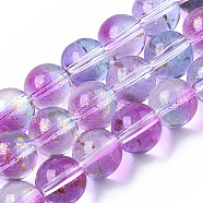 Transparent Spray Painted Glass Bead Strands, with Golden Foil, Round, Medium Purple, 10~11mm, Hole: 1.4~1.6mm, about 39~42pcs/Strand, 14.84 inch~15.27 inch(37.7~38.8cm)(X-GLAA-N035-03D-B05)