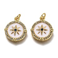 Brass Micro Pave Clear & Royal Blue Cubic Zirconia Pendants, Long-Lasting Plated, with Jump Rings & White Enamel, Compass Shape, Real 18K Gold Plated, 16x13x2.6mm, Hole: 2.4mm(ZIRC-B0003-15G)