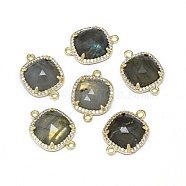 Natural Labradorite Links connectors, with Golden Tone Brass Findings and Cubic Zirconia, Faceted, Square, Clear, 18.5~19x13.5x4.5mm, Hole: 1.6mm(G-L514-019G)