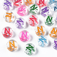 Transparent Clear Acrylic Beads, Horizontal Hole, Flat Round with Mixed Color Letter, Letter.N, 7x3.5mm, Hole: 1.2mm, about 3700pcs/500g(MACR-N008-56N)