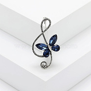 Alloy Rhinestone Safety Pin Brooch, Musical Note with Butterfly, Capri Blue, 44x23mm(PW23101831845)