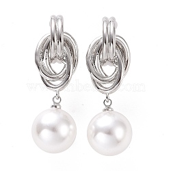 Knot with Plastic Pearl Dangle Stud Earrings, Brass Jewelry for Women, Cadmium Free & Lead Free, Platinum, 39.5mm, Pin: 0.9mm(EJEW-A072-08P)