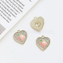 Alloy Rhinestone Pendants, with Enamel, Heart with Peach Charms, Golden, 18x16mm(INS-PW0002-10B)