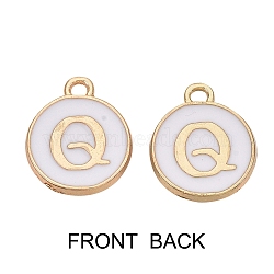 Golden Plated Alloy Charms, with Enamel, Enamelled Sequins, Flat Round, White, Letter.Q, 14x12x2mm, Hole: 1.5mm, 50pcs/Box(ENAM-SZ0001-25A-Q)
