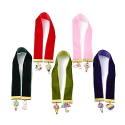 Velvet Ribbon Bookmarks, Alloy Enamel Rainbow Lollipop Charm Bookmarks, Mixed Color, 288~298x19x2.5mm(AJEW-JK00278)
