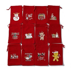 Christmas Theme Rectangle Velvet Bags, with Nylon Cord, Drawstring Pouches, for Gift Wrapping, Red, 15.5~16.7x9.5~10.2cm(TP-E005-01C)