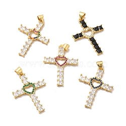 Rack Plating Brass Micro Pave Cubic Zirconia Pendants, Long-Lasting Plated, Lead Free & Cadmium Free,Cross Charm, Real 18K Gold Plated, Mixed Color, 31x23x3mm, Hole: 4x5mm(KK-K165-06G)