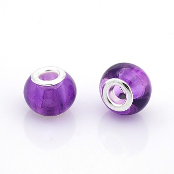 Transparent Glass European Beads, Large Hole Rondelle Beads, with Silver Tone Brass Cores, Blue Violet, 14x11mm, Hole: 5mm