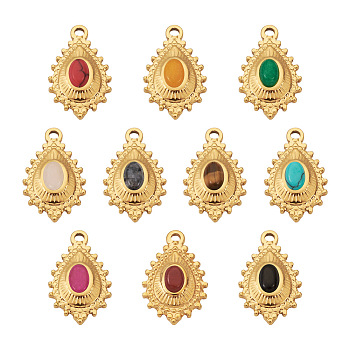 Fashewelry 10Pcs 10 Style 304 Stainless Steel Pendants, with Natural & Synthetic Gemstone, Teardrop, Golden, 22x14x5mm, Hole: 1.6mm, 1pc/style