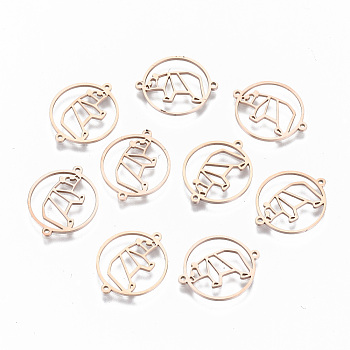 304 Stainless Steel Links Connectors, Laser Cut, Flat Round with Hollow Bear, Rose Gold, 15x18x1mm, Hole: 0.8mm