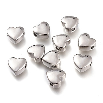 Brass Beads, Long-Lasting Plated, Heart, Platinum, 10x10x5mm, Hole: 2.6mm