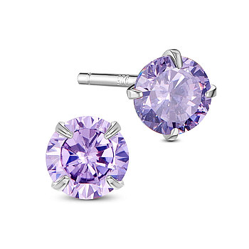 SHEGRACE Rhodium Plated 925 Sterling Silver Four Pronged Ear Studs, with AAA Cubic Zirconia and Ear Nuts, Lilac, 6mm