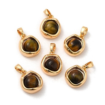 Natural Tiger Eye Brass Flat Round Charms, Real 18K Gold Plated, 14x11.5x6mm, Hole: 4x3mm
