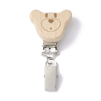 Iron ID Card Clips with Wood Animal, Badge Holder Clip, Bear, 71mm