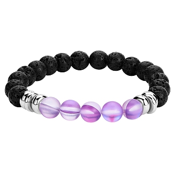 Synthetic Moonstone & Natural Lava Rock Round Beaded Stretch Bracelet, Essential Oil Gemstone Jewelry for Women, Purple, Inner Diameter: 2-1/8 inch(5.5cm)