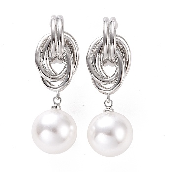Knot with Plastic Pearl Dangle Stud Earrings, Brass Jewelry for Women, Cadmium Free & Lead Free, Platinum, 39.5mm, Pin: 0.9mm