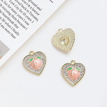 Alloy Rhinestone Pendants, with Enamel, Heart with Peach Charms, Golden, 18x16mm