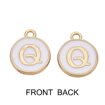 Golden Plated Alloy Charms, with Enamel, Enamelled Sequins, Flat Round, White, Letter.Q, 14x12x2mm, Hole: 1.5mm, 50pcs/Box