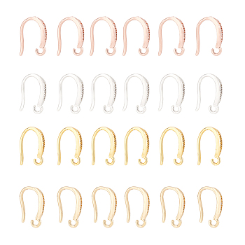 24Pcs 4 Colors Brass Micro Pave Clear Cubic Zirconia Ear Hooks, with Horizontal Loops, Mixed Color, 14x9x3mm, Hole: 1.6mm, Pin: 1mm, 6Pcs/color