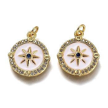 Brass Micro Pave Clear & Royal Blue Cubic Zirconia Pendants, Long-Lasting Plated, with Jump Rings & White Enamel, Compass Shape, Real 18K Gold Plated, 16x13x2.6mm, Hole: 2.4mm